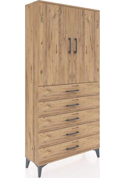 Arges Dolap 3 Raflı 5 Çekmeceli 2 Kapaklı 88x30x182 Çam-çam Çam