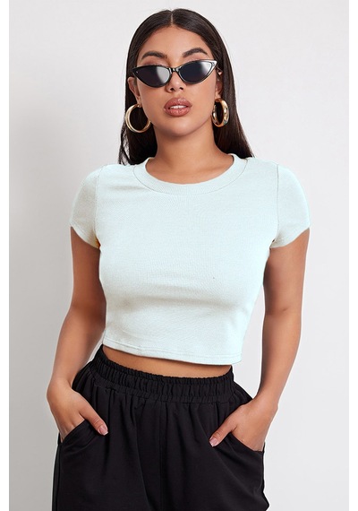 Epilons Zenvial Kadın Beyaz Yuvarlak Yaka Yarım Kol Crop Top Bluz Zenviall2