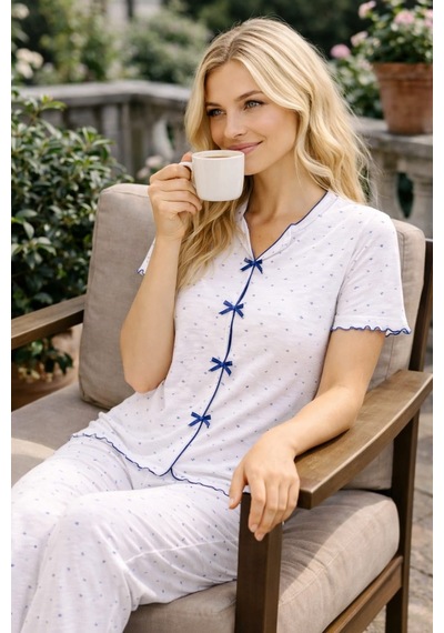 Kadın 01668 Kısa Kol Kaşkorse Pijama Takımı Beyaz