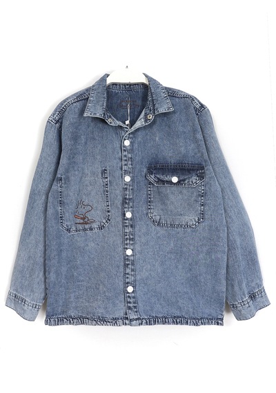 Dobakids Ön Ve Arkası Baskılı Cep Detaylı Erkek Çocuk Denim Gömlek Mavi