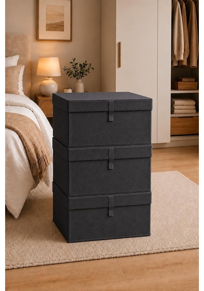 Çok Amaçlı Saklama Kutusu Düzenleyici Kapaklı Sandık Tipi Kutu Hurç Organizer 3 Lü Set Antrasit, Maxi 50x40x30 Diğer