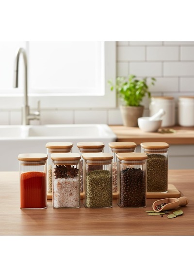 6'lı Set 350 Ml Bambu Kapaklı Kare Cam Kavanoz - 6x10 Cm Vakumlu Orta Boy Şeffaf Erzak Kabı Kahve Çay Baharatlık Ve Mutfak Düzenleyici Organizer Saklama Kutusu