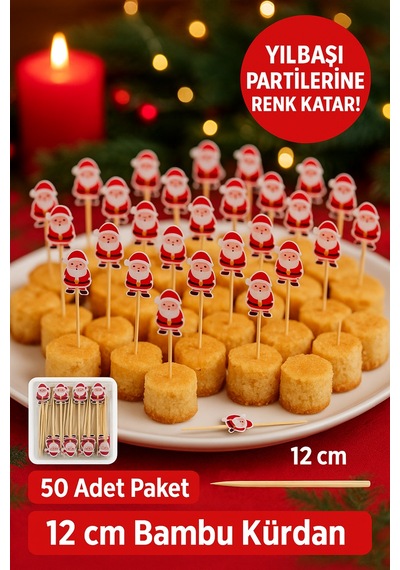 50 Li Noel Baba Figürlü 12 Cm Bambu Kürdan Yılbaşı Sunum Ve Parti Süsleme Seti