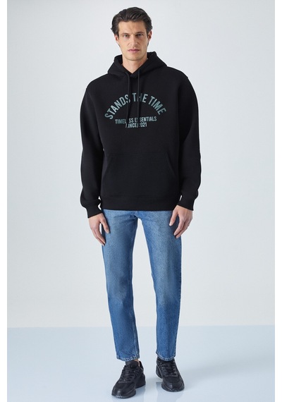 Grimelange Wulf Erkek Organik Kumaşlı İçi Polarlı Yumuşacık Kanguru Cepli Kapüşonlu Siyah Sweatshirt Siyah