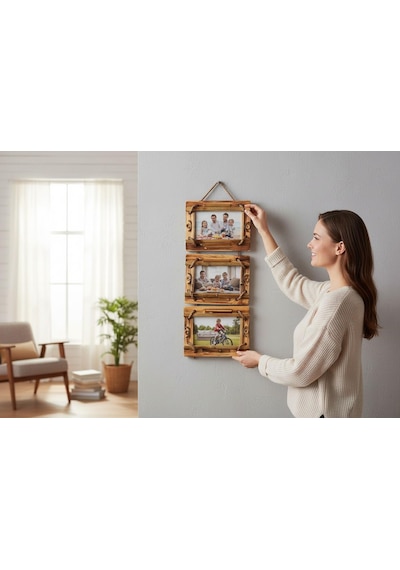 El Yapımı Doğal Ahşap 3 Lü Bambu Bamboo Fotoğraf Çerçevesi Dekoratif Ev Ofis Hediyesi Duvar Süsü - 7