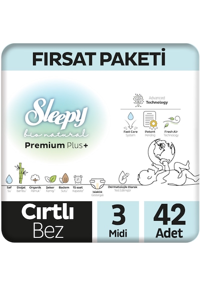 Sleepy Bio Natural Premium Plus Fırsat Paketi Bebek Bezi 3 Numara Midi 42 Adet