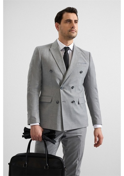Süvari Gri Slim Kruvaze Yaka 6 Drop Takım Elbise Tk1006900387-s05 Gri