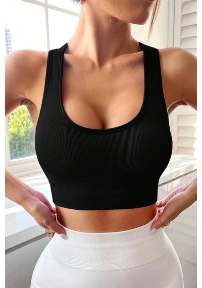 Kadın Siyah Sırtı Çapraz Lastik Detaylı Crop Top Bluz