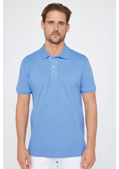 Tudors Erkek Slim Fit Dar Kesim %100 Pamuk Düz Pike Mavi Polo Yaka Tişört-30547-mavi Mavi