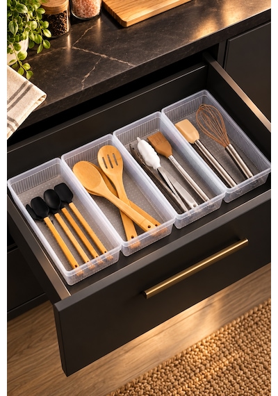 Porsima 0383 4'lü Modüler Çekmece İçi Organizer Seti 30x15 Cm Şeffaf Mutfak, Kaşıklık, Kozmetik Ve Ofis Düzenleyici
