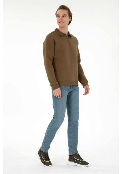 U.S. Polo Assn. Erkek Comfort Fit Yarım Fermuarlı Haki Basic Sweatshirt 50298265-VR027