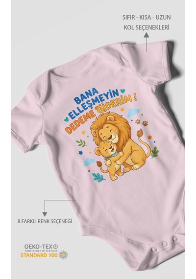 Morivokids Bana Elleşmeyin Dedemle Giderim Kısa Kollu Bebek Body %100 Pamuk Bebe Pembe