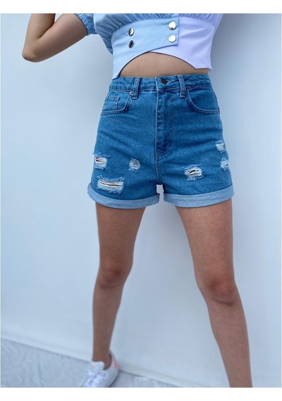 Kadın Önü Yırtıklı Mini Kot Şort