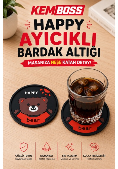 Kemboss Happy Ayıcıklı Bardak Altlığı 2'li Set - Pvc Kaydırmaz Bardak Altlığı Kahve Kupa Çay Bardağı Altlığı Masa Koruyucu Çok Renkli