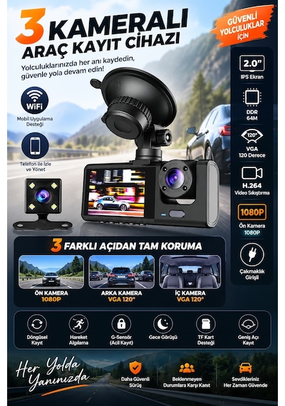 Sentinel Sc-119 3 Kameralı Araç İçi Kamera 1080p Wifi Dashcam 2.0" Ips Ekran