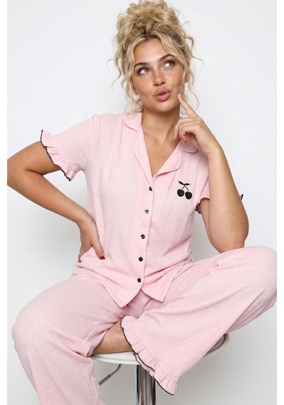 Siyah İnci Nakışlı Bürümcük-krınkıl Kısa Kollu Düğmeli Pijama Takım 8057 Pembe