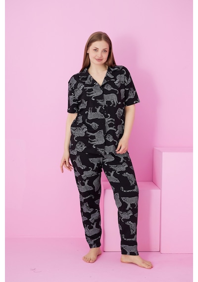 Siyah İnci Beden Battal Boy Düğmeli Örme Pijama Takım Siyah Kaplan