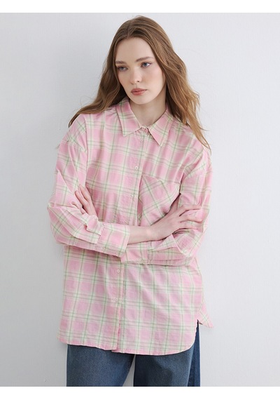Lcw Modest Pembe Ekose Oversize Kadın Gömlek