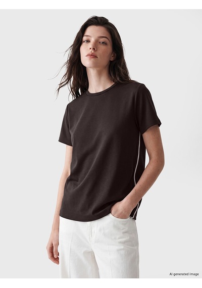 Lcw Comfort Kahverengi Şerit Detaylı Soft Touch Kadın Tişört