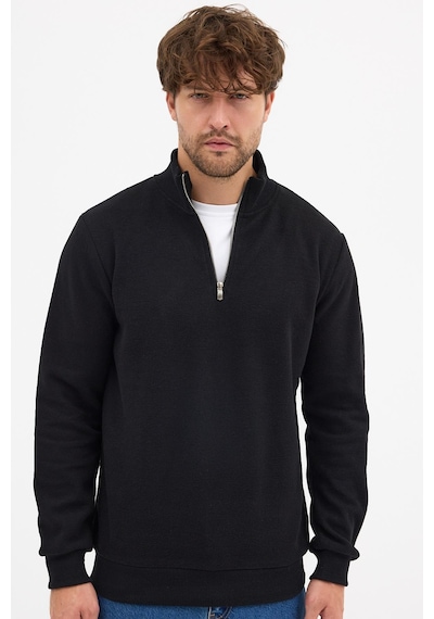 Mmetalic Erkek Siyah Standart Fit Normal Kesim Pamuklu Yarım Fermuarlı Dik Yaka Pamuklu Sweatshirt Siyah