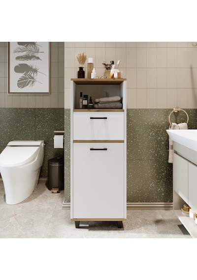 Çamaşır Sepetli Banyo Dolabı, Çok Amaçlı Dolap 45 Cm, Roomart Atlantik Çam - Beyaz Çamaşır Sepetli Banyo Dolabı, Çok Amaçlı Dolap 45 Cm, Roomart Atlantik Çam - Beyaz