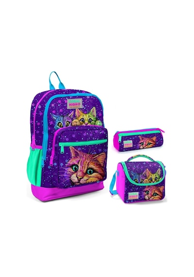 Coral High Mor Kedi Üçlü İlkokul Okul Çanta Seti