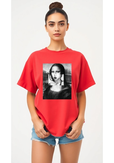 Uyguntarz Mona Lisa Baskılı Tasarım Tshirt Kırmızı