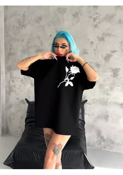 Modi Unisex Bisiklet Yaka Baskılı Oversize T-shirt - Siyah - Mymg102532