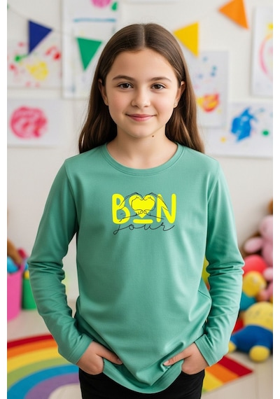 Yuvarlak Yaka Kalp Baskı Detaylı Kız Çocuk Sweatshirt Mint