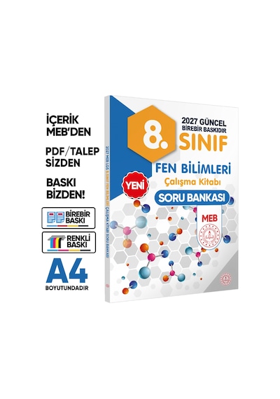 2027 8.Sınıf LGS MEB 3lü SET( Matematik-Fen-Türkçe) Soru Bankası Seti Renkli Baskı A4 BASKI ÜCRETİ