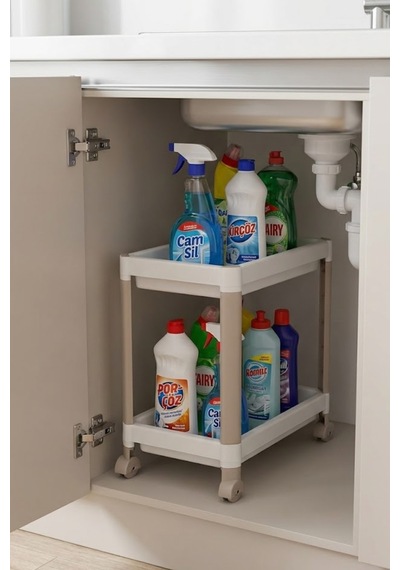 2 Katlı Tekerlekli Tezgah Altı Raf Düzenleyici Organizer, Banyo Lavabo Altı Düzenleyici "antrasit" Beyaz