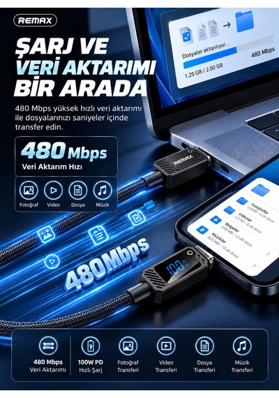 Remax Suxien Rc-c069 100w Pd Dijital Ekranlı Type-c To Type-c Hızlı Şarj Ve Data Kablosu 1.2 Metre Siyah