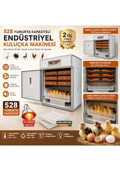 528 Yumurta Kapasiteli Endüstriyel Kuluçka Makinesi - 3 Çeşit Viyollu, Çıkım Sepetli + Isı Lambası H