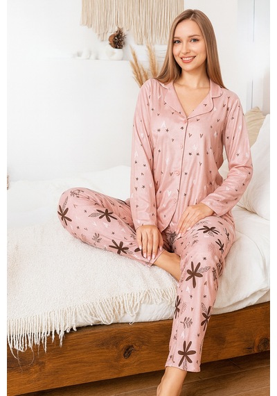 Remsa Kadın Desenli Saphire Önü Düğmeli Pijama Takımı 0480 Pudra Pudra