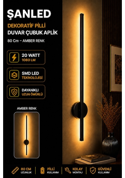 Dekoratif 20w İç Mekan Siyah Kasa Amber Işık Rengi 80 Cm Duvar Aplik Pilli 1 Adet