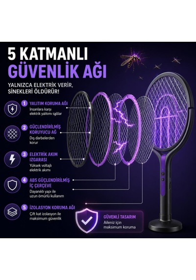 Coofbe 2800w Şarjlı Elektriki Sivrisinek Öldürücü Raket Sineksavar 5 Katmanlı Uv Işıklı Teleskopic Sinek Raketi