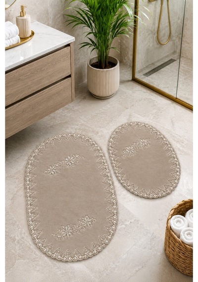 Vizon 2li Fransız Dantelli Lüks Banyo Paspası Kaymaz Çeyizlik Oval Banyo Paspas Seti Lauris Gümüş