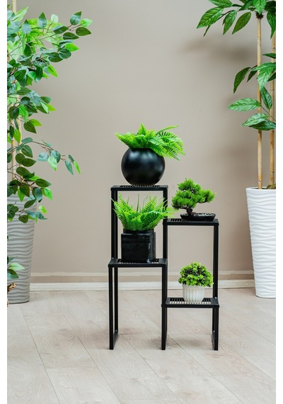 4 Katlı Kademeli Metal Çiçeklik, Modern Saksılık, Balkon Ve Salon İçin Dekoratif Saksı Standı Siyah