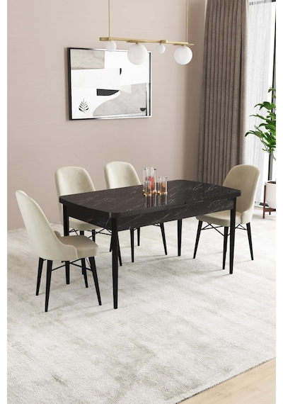 Familieconcept Almira Serisi, Siyah Mermer Desen 80x132 Açılabilir Mdf Mutfak Masası Takımı 4 Adet Sandalye Krem Familieconcept Almira Serisi, Siyah Mermer Desen 80x132 Açılabilir Mdf Mutfak Masası Takımı 4 Adet Sandalye Krem