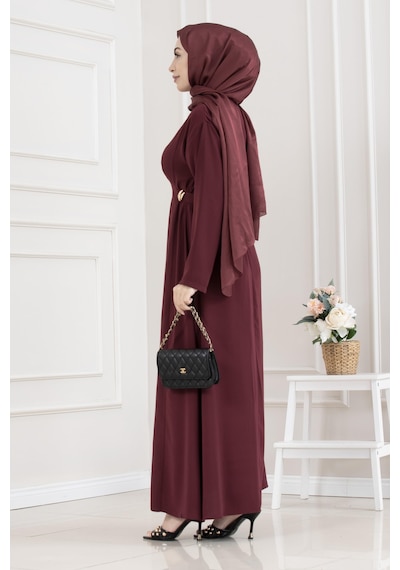 Sevitli Beli Toka Detaylı Tesettür Elbise-bordo-5661 Bordo
