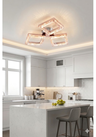Lzy Avize Store Kristal Kare 3 Lü Gold Avize Salon, Yemek Masası, Mutfak, Antre Ve Çocuk Odası Aydınlatma