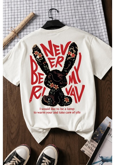 Spoyi Vintage Bunny Tasarımlı %100 Pamuk Yarım Oversize Beyaz T-lhirt