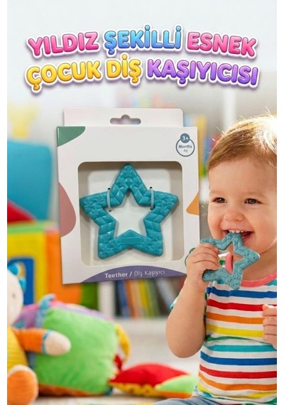 Yıldız Şekilli Esnek Bpa İçermeyen Kabartılı Pastel Renkli Oyuncak Bebek Diş Kaşıyıcısı Turkuaz