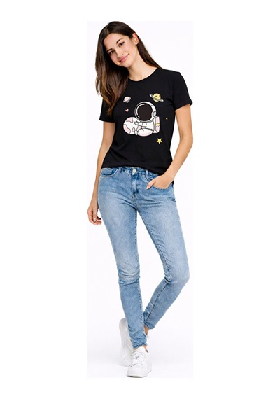 Sevgili Kombini Astronot Baskılı Çift Tişört Oversize Unisex Partner Tişört 2 Li Set Siyah