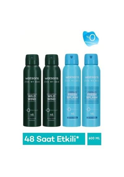Watsons Deodorant 4 Lü Set Wild Wind X2 + Fresh Splash X2 Pudrasız Erkek Vücut Spreyi 150 Ml