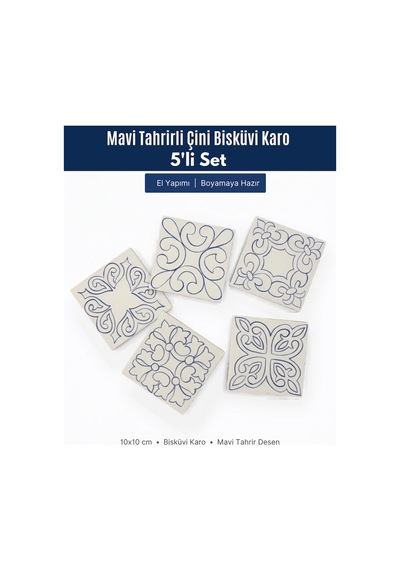 5'li Set 10x10 Cm Mavi Tahrirli Ham Çini Karo Bisküvisi
