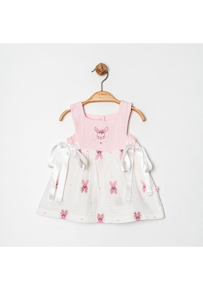 Ürünya Kız Bebek Çocuk Sıfır Kollu Askılı Nakışlı Elbise Pembe