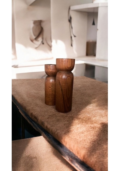 2'li Ahşap Şamdan Set Mumluk Decorative / Ceviz Renk / Gürgen Ağacı Kahverengi