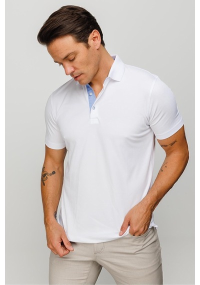 Desen Minimalist Polo Yaka Erkek T-shirt - Kısa Kol - Rahat Beyaz
