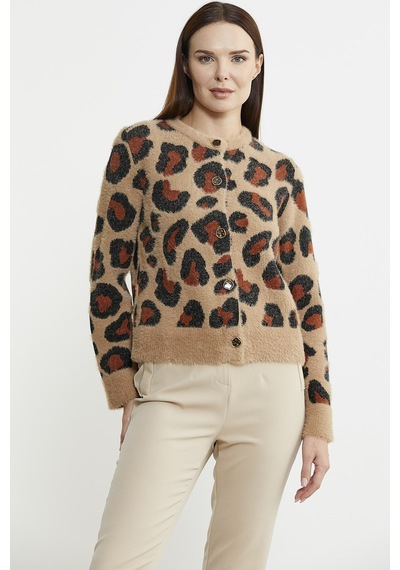 Sementa Leopar Desenli Sakallı Triko Hırka - Bej 001